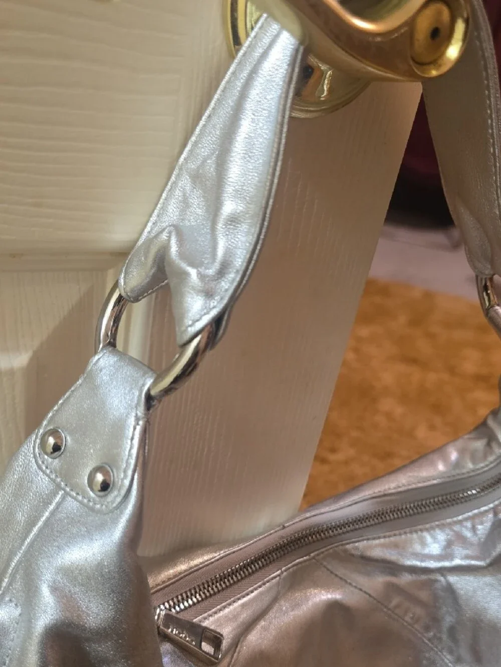 HOBO Silver Metallic Shoulder Hobo Bag (Top & 1 Side Zip)
